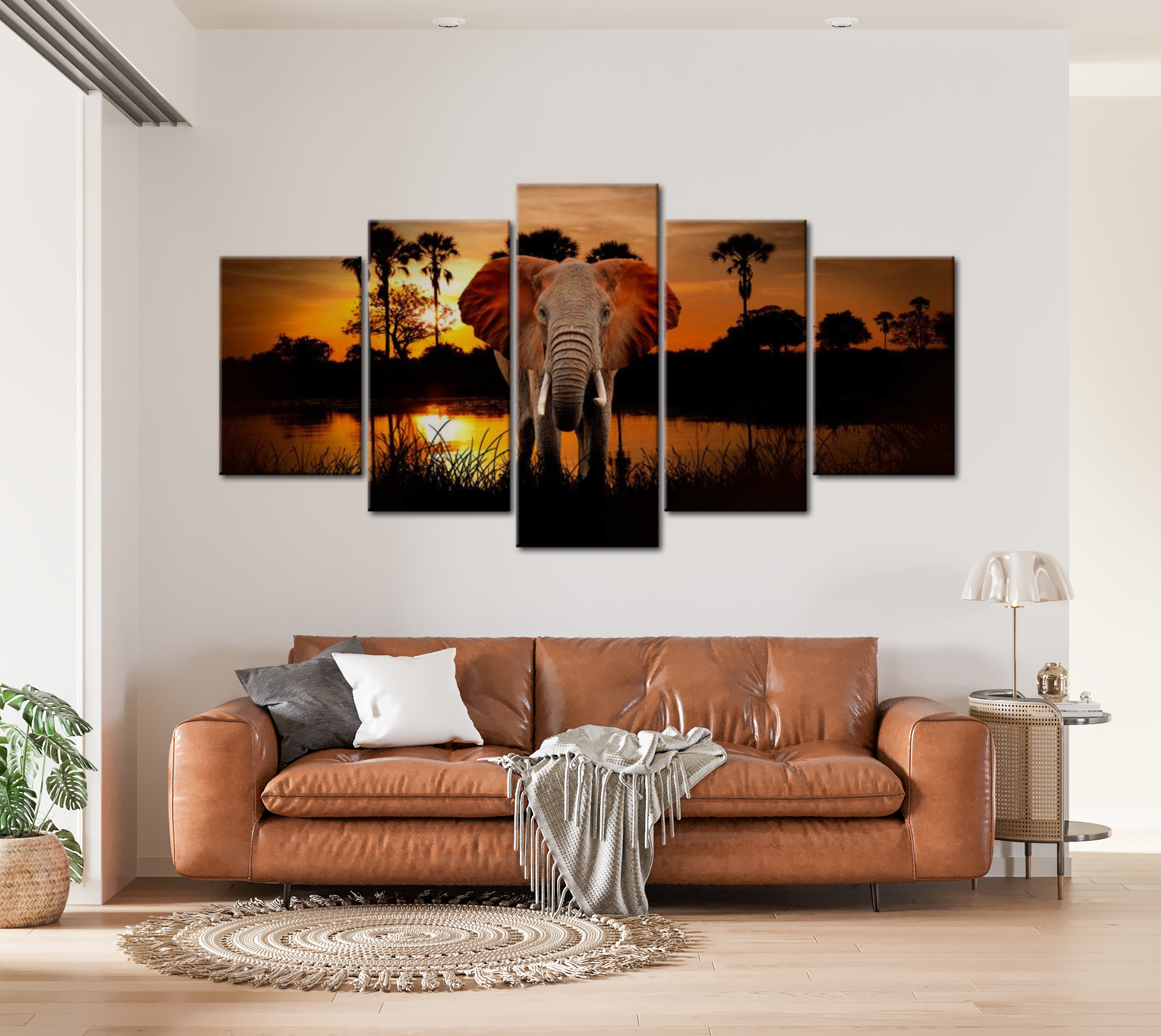 Stretched Canvas Animal Art - Elephant At Sunset 40"Wx20"H