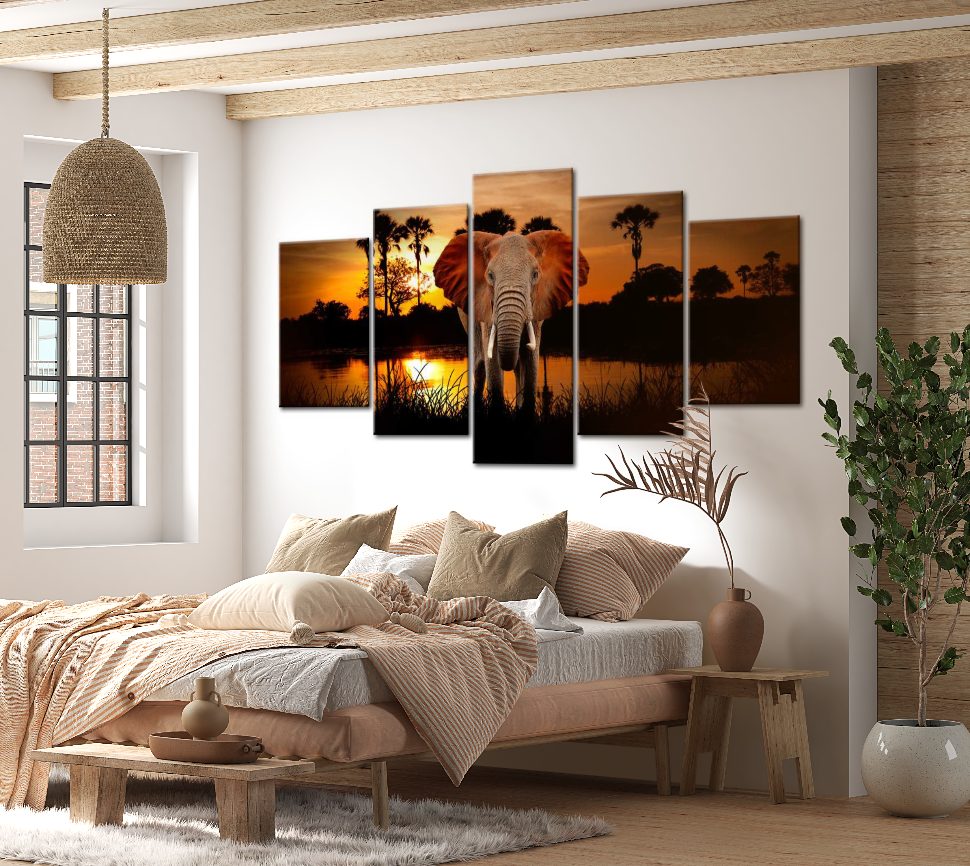 Stretched Canvas Animal Art - Elephant At Sunset 40"Wx20"H