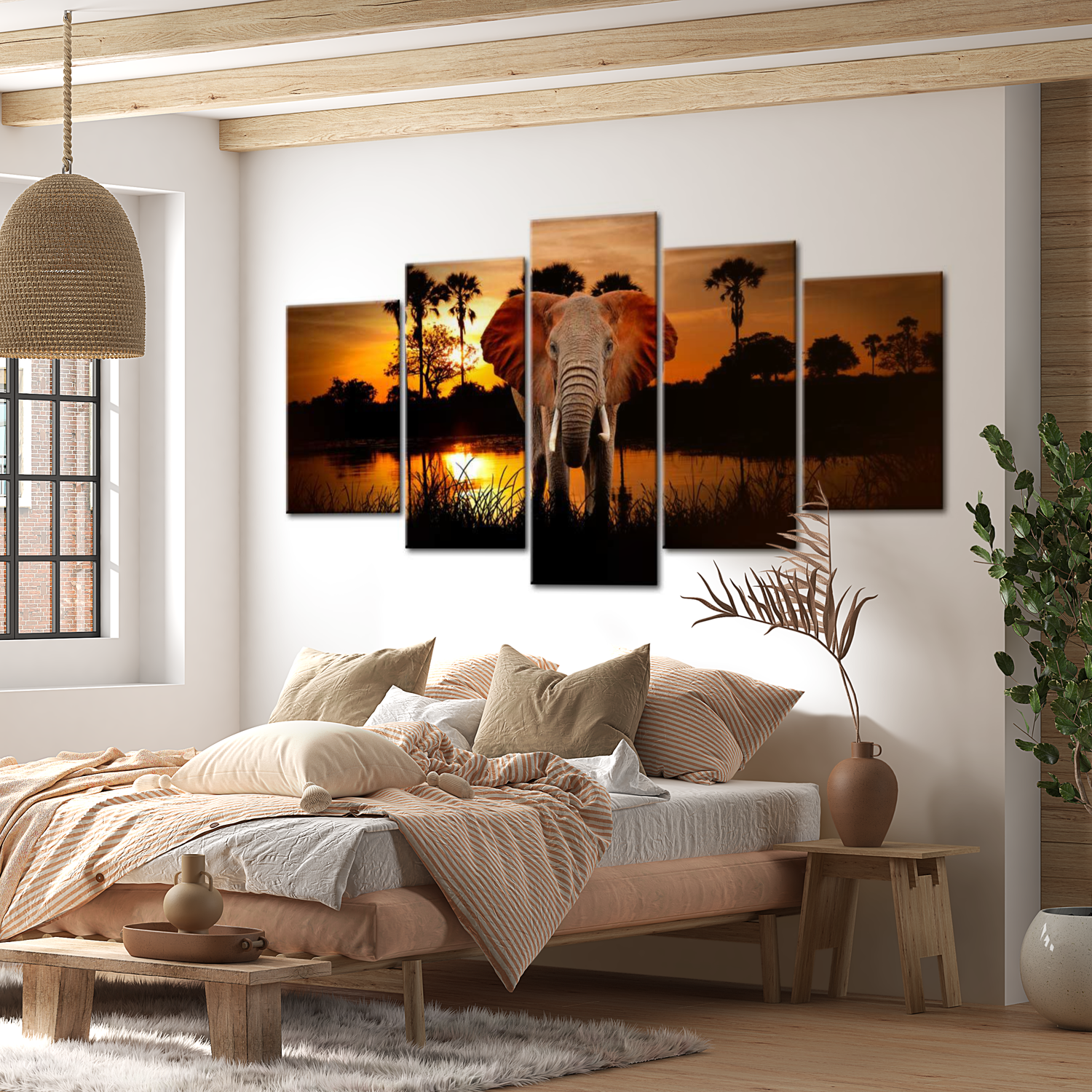 Stretched Canvas Animal Art - Elephant At Sunset 40"Wx20"H