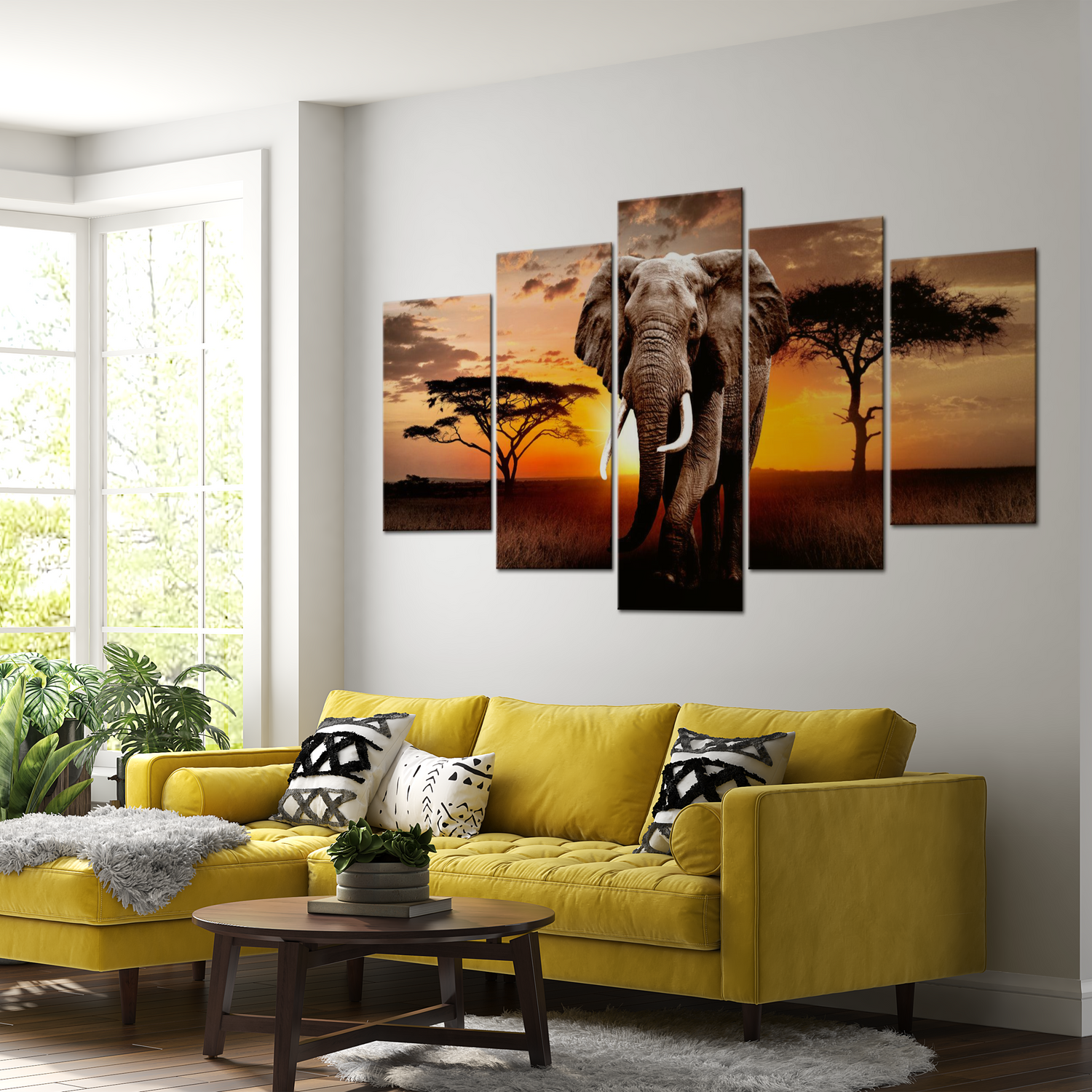 Stretched Canvas Animal Art - Elephant Orange Sunset 40"Wx20"H
