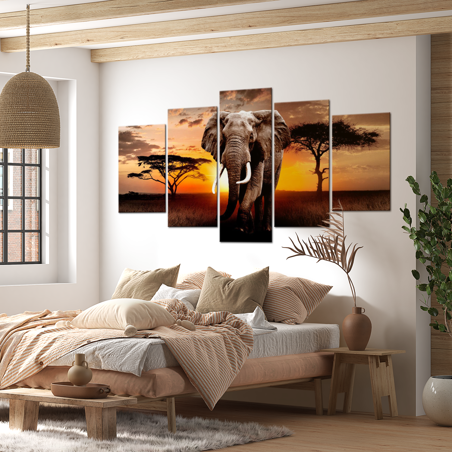 Stretched Canvas Animal Art - Elephant Orange Sunset 40"Wx20"H