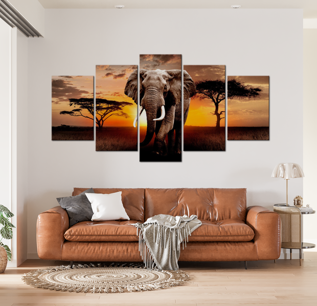 Animal Canvas Wall Art - Elephant Orange Sunset - 5 Pieces