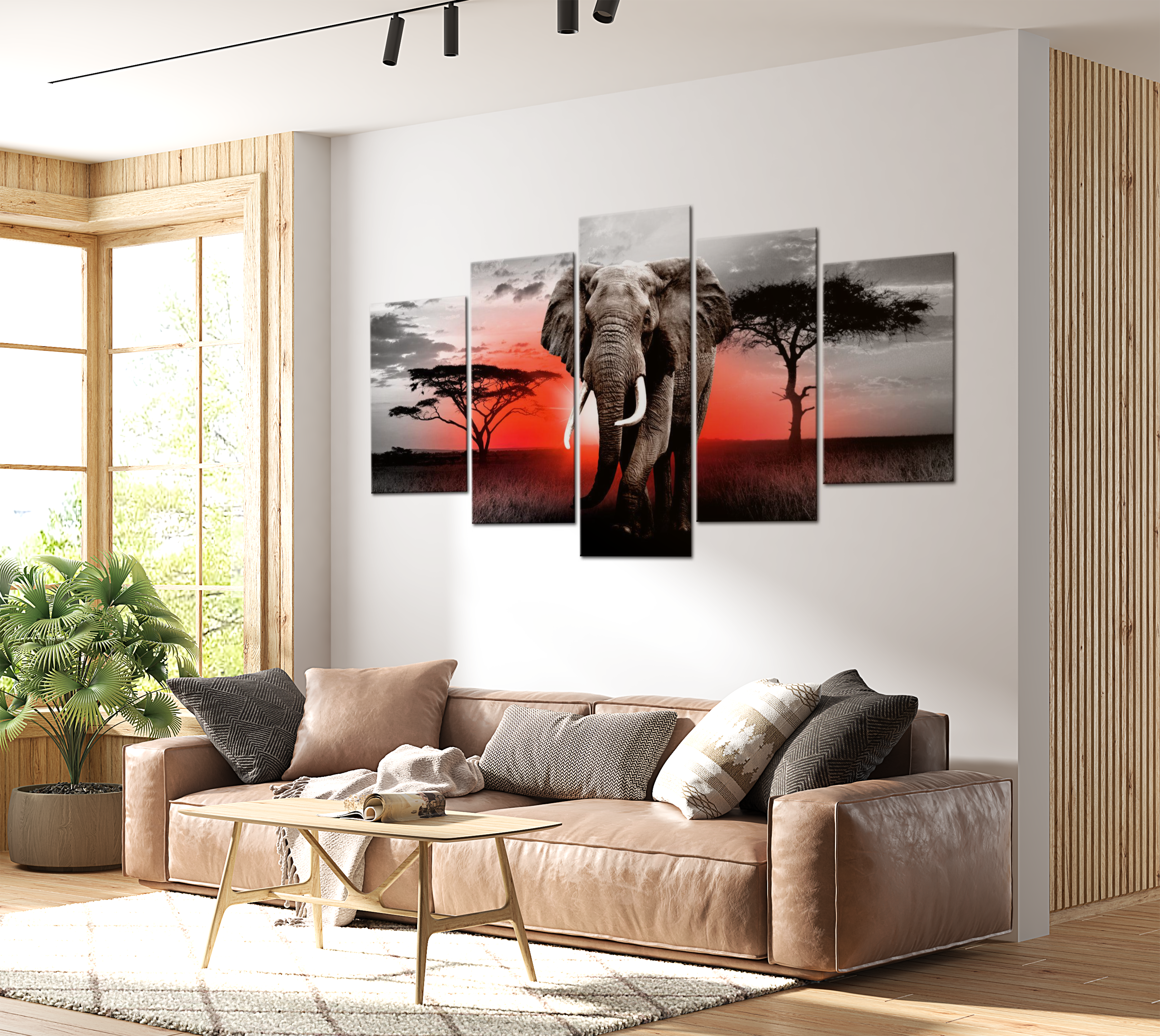 Animal Canvas Wall Art - Elephant Red Sunset - 5 Pieces