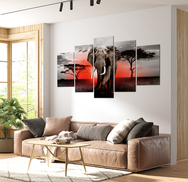 Animal Canvas Wall Art - Elephant Red Sunset - 5 Pieces