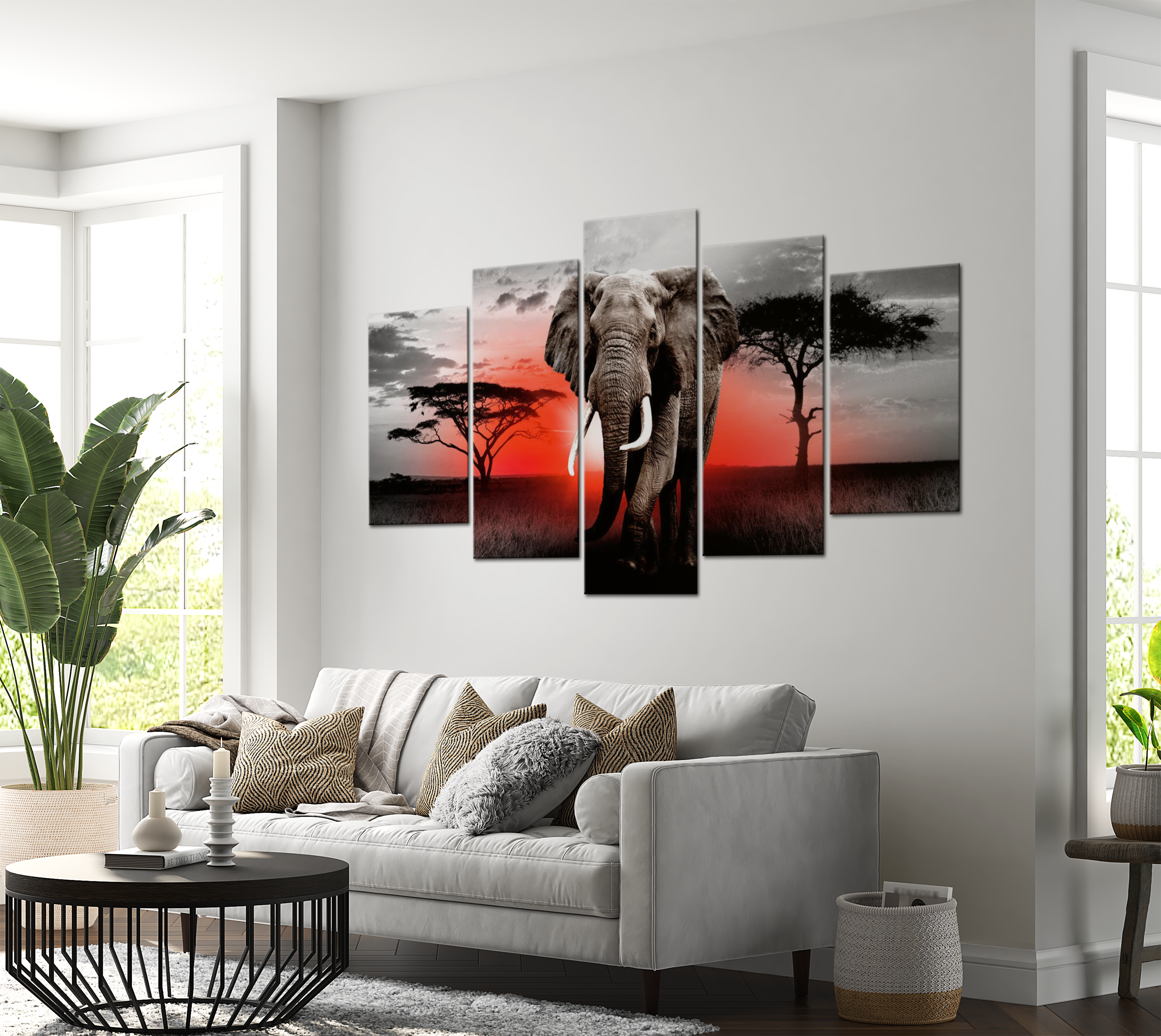 Stretched Canvas Animal Art - Elephant Red Sunset 40"Wx20"H