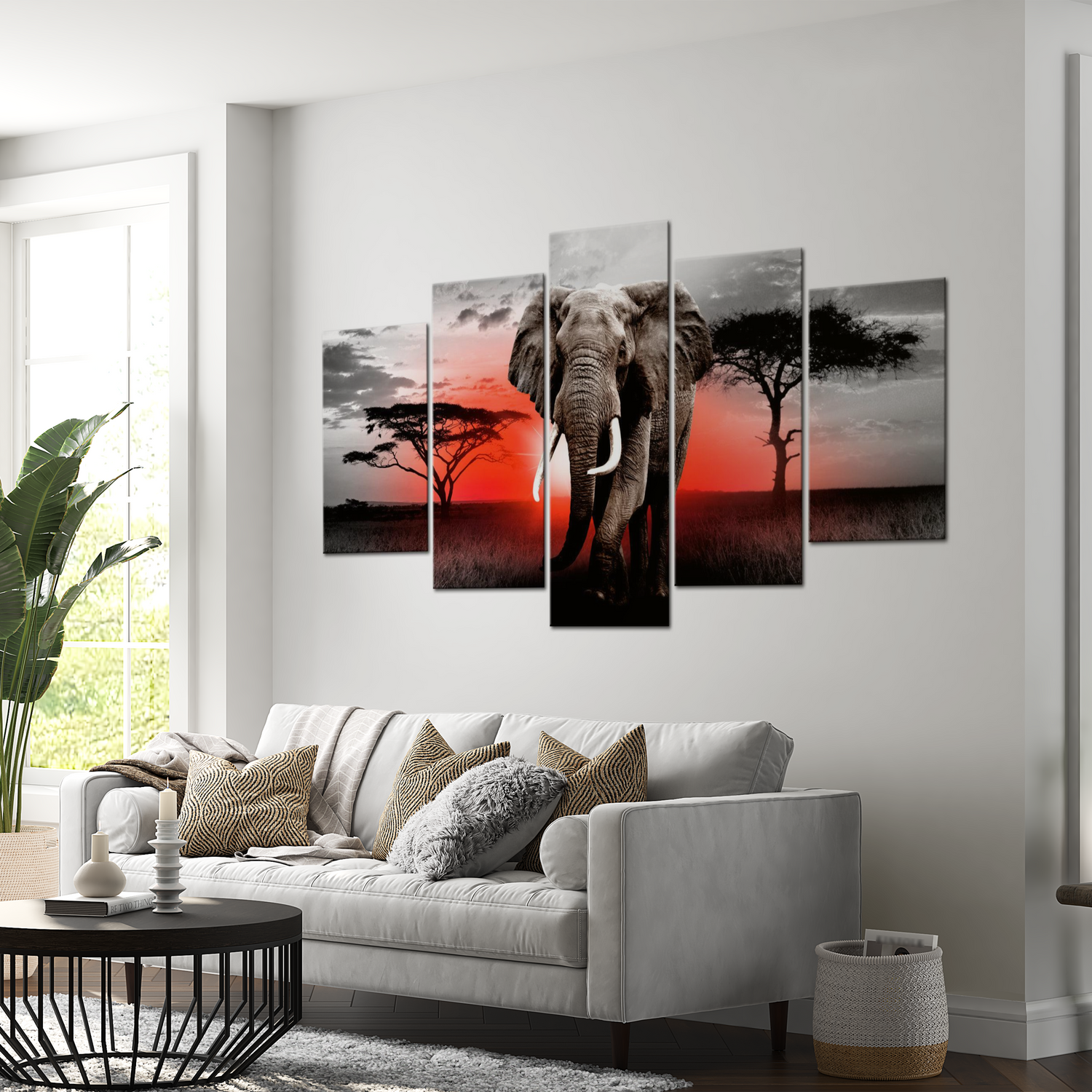 Stretched Canvas Animal Art - Elephant Red Sunset 40"Wx20"H