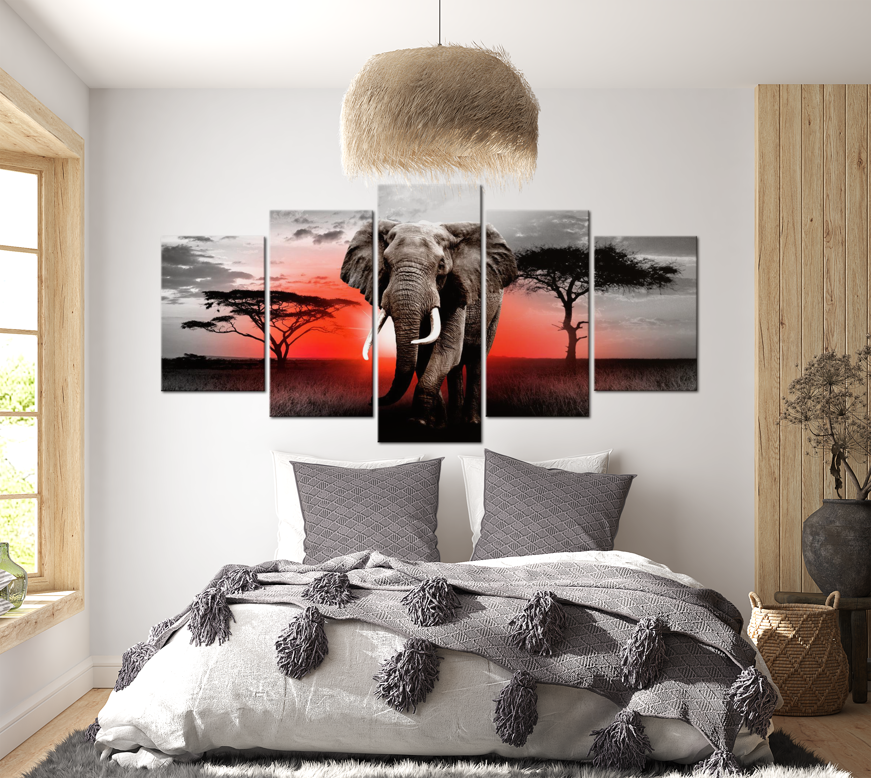 Stretched Canvas Animal Art - Elephant Red Sunset 40"Wx20"H