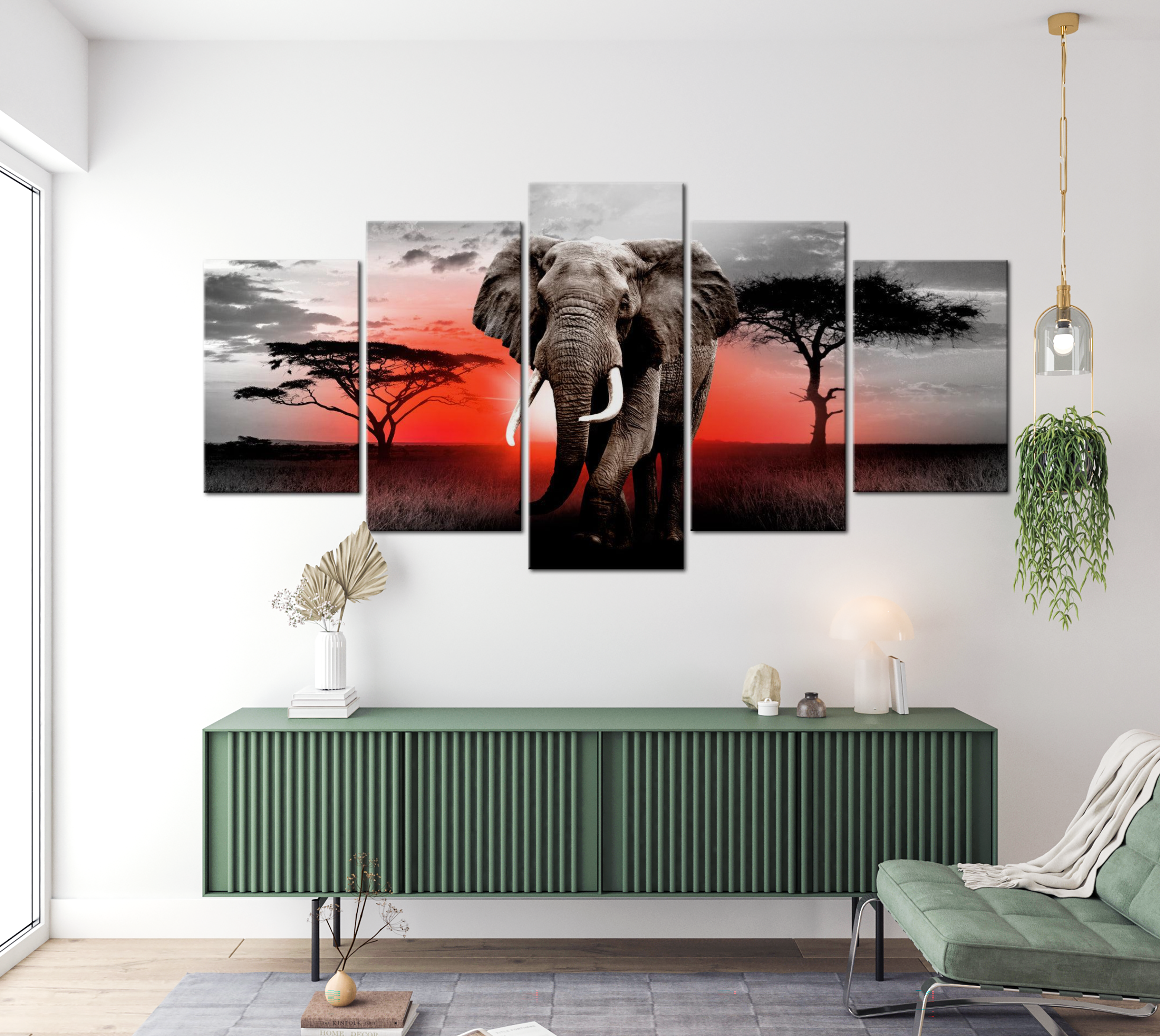 Stretched Canvas Animal Art - Elephant Red Sunset 40"Wx20"H