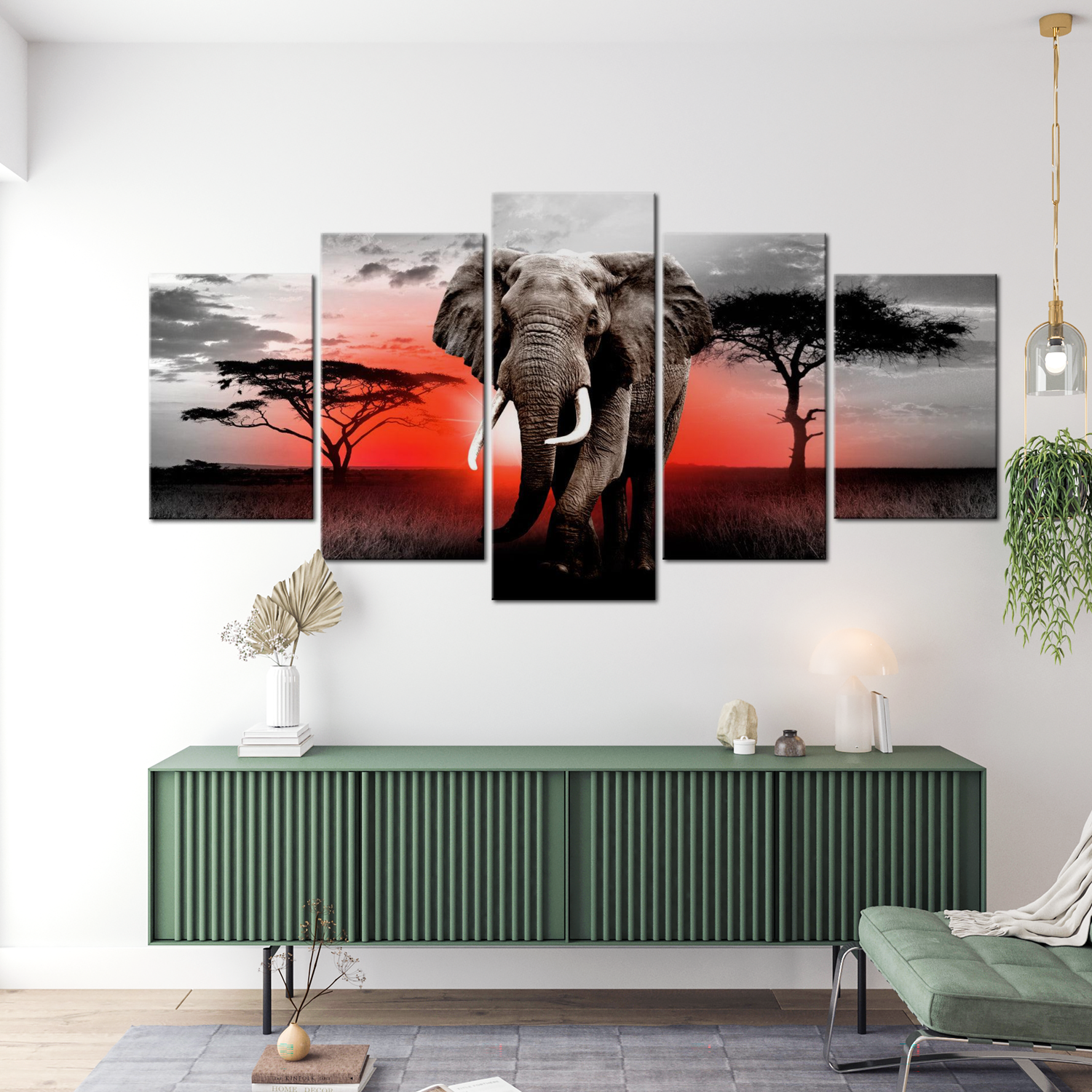 Stretched Canvas Animal Art - Elephant Red Sunset 40"Wx20"H