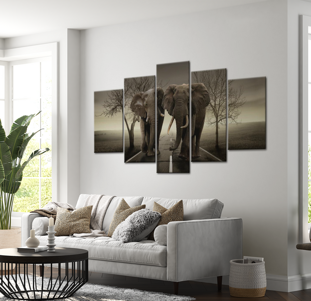 Animal Canvas Wall Art - Elephants On The Move - 5 Pieces
