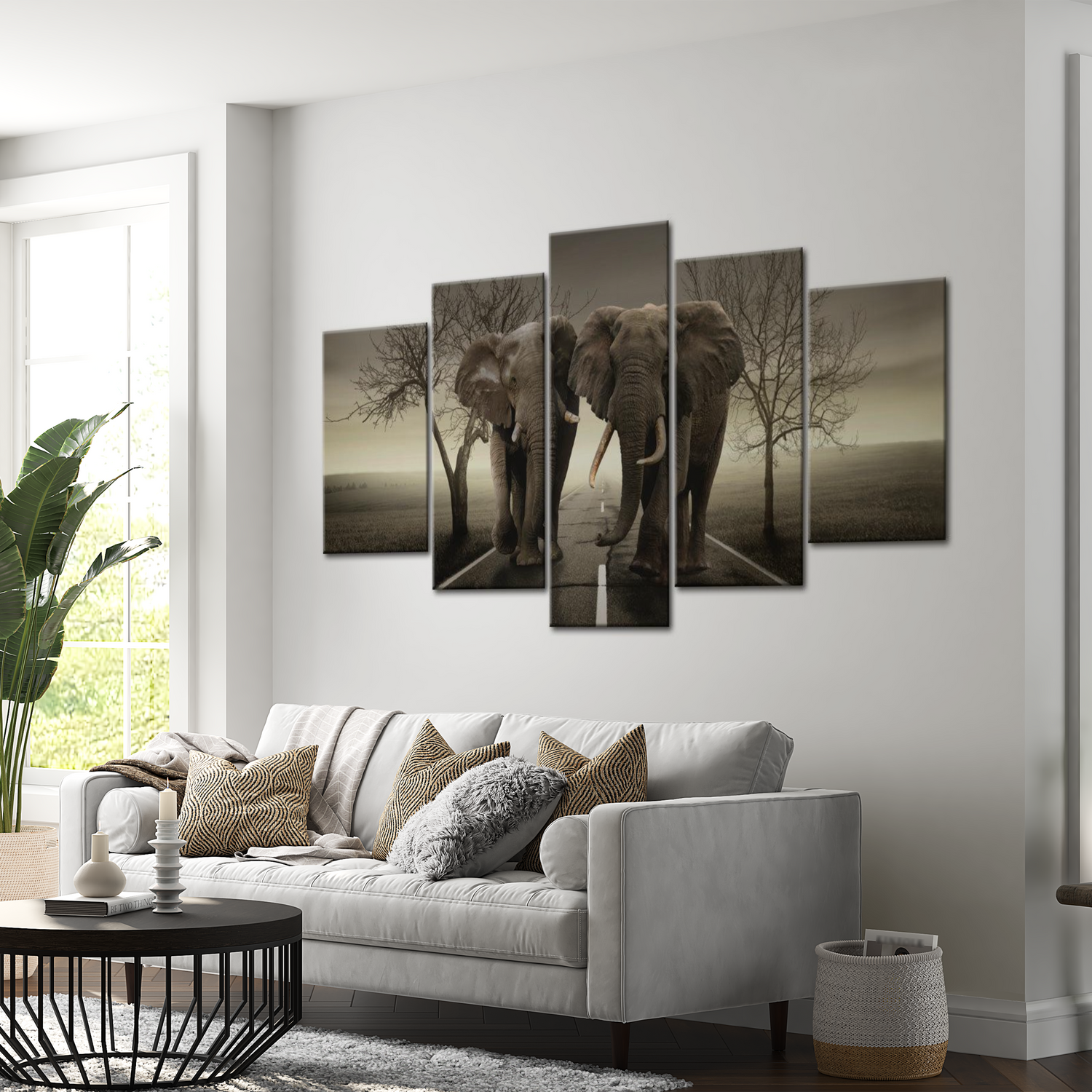 Stretched Canvas Animal Art - Elephants On The Road 40"Wx20"H
