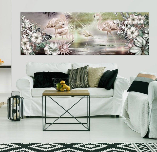 Stretched Canvas Animal Art - Flamingoes And Flowers
