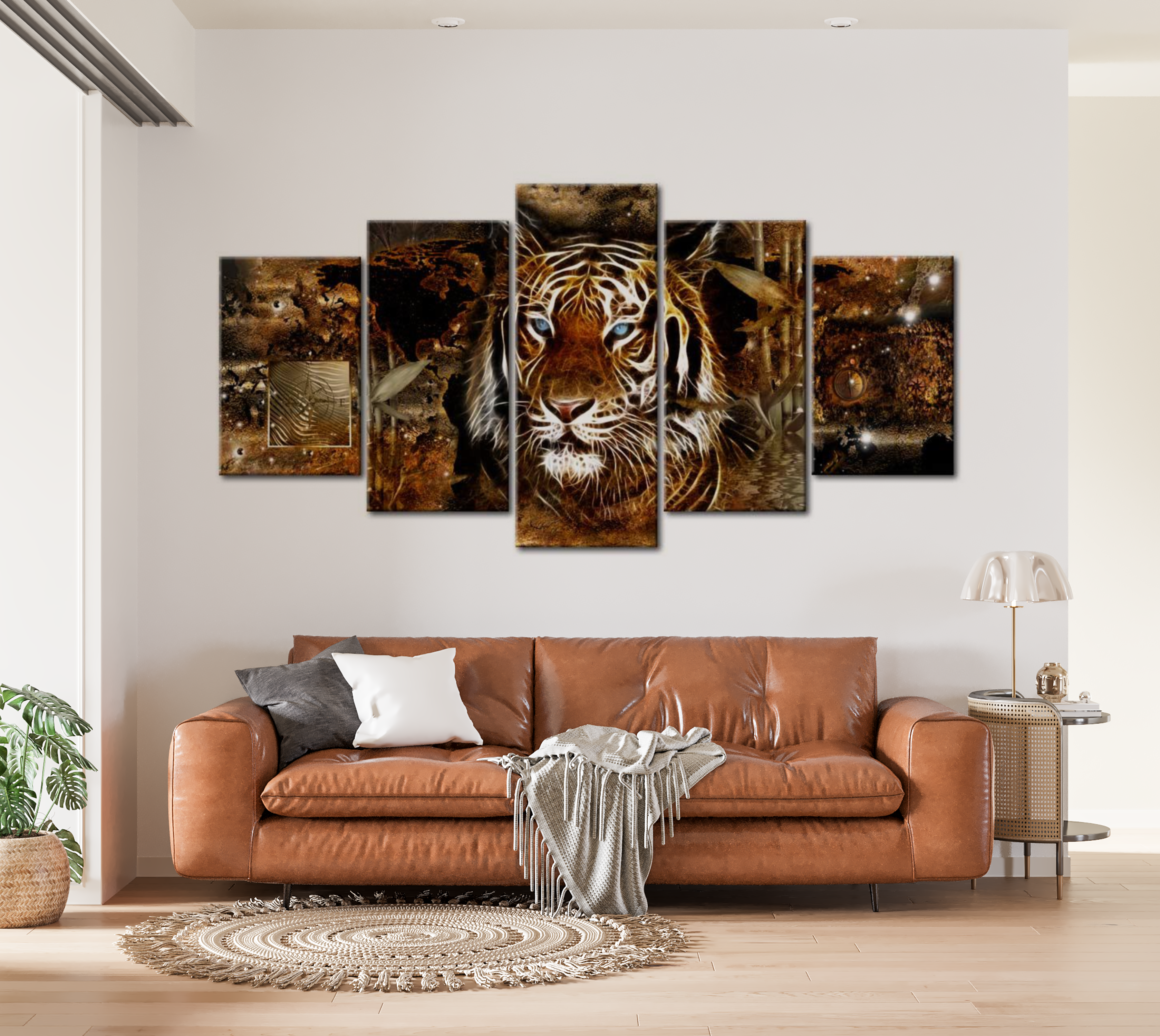 Animal Canvas Wall Art - Golden Jungle Tiger - 5 Pieces