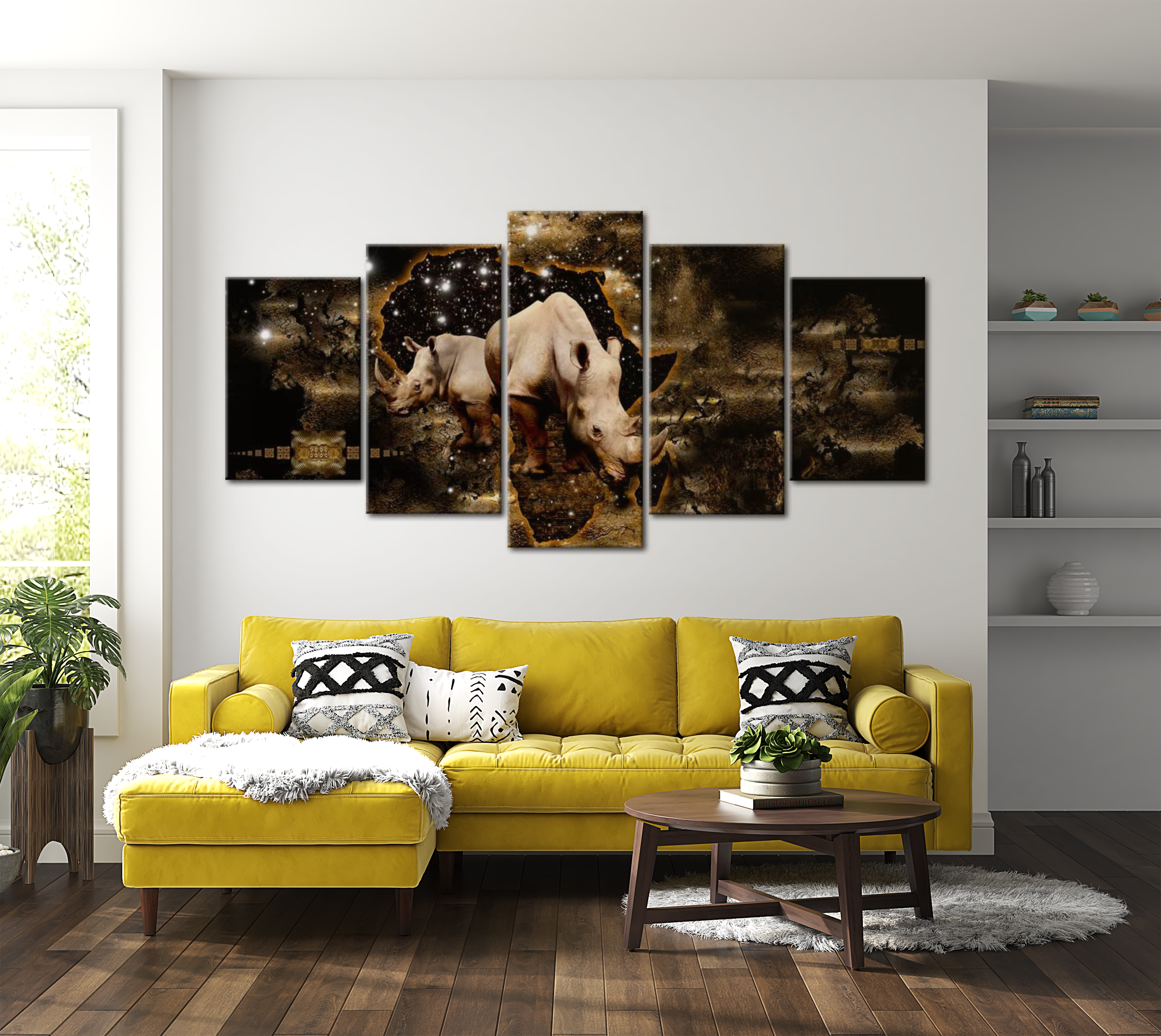 Animal Canvas Wall Art - Golden Rhino - 5 Pieces