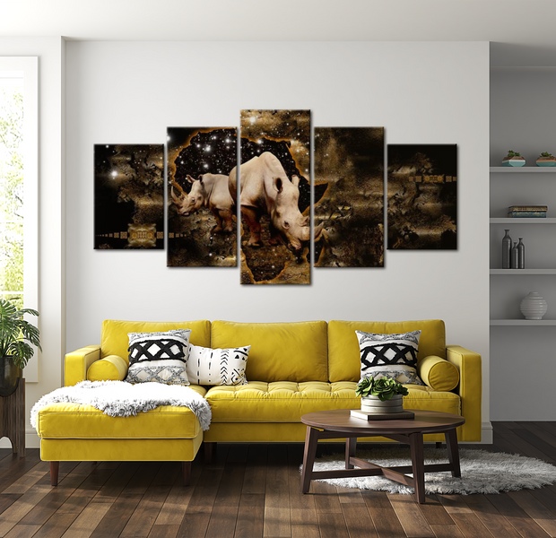 Animal Canvas Wall Art - Golden Rhino - 5 Pieces
