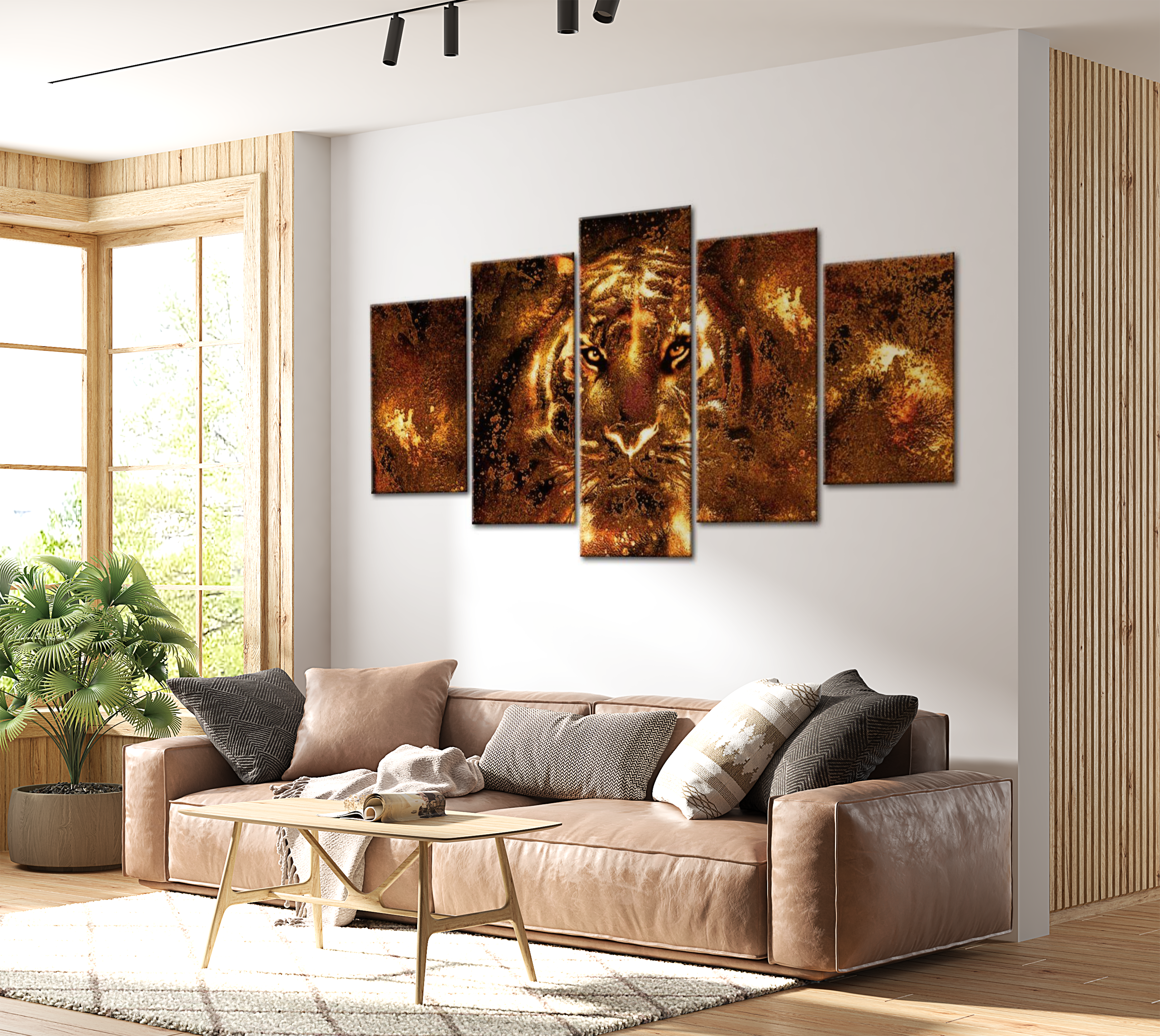 Animal Canvas Wall Art - Golden Tiger - 5 Pieces