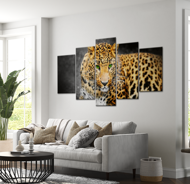 Animal Canvas Wall Art - Green Eyed Leopard - 5 Pieces