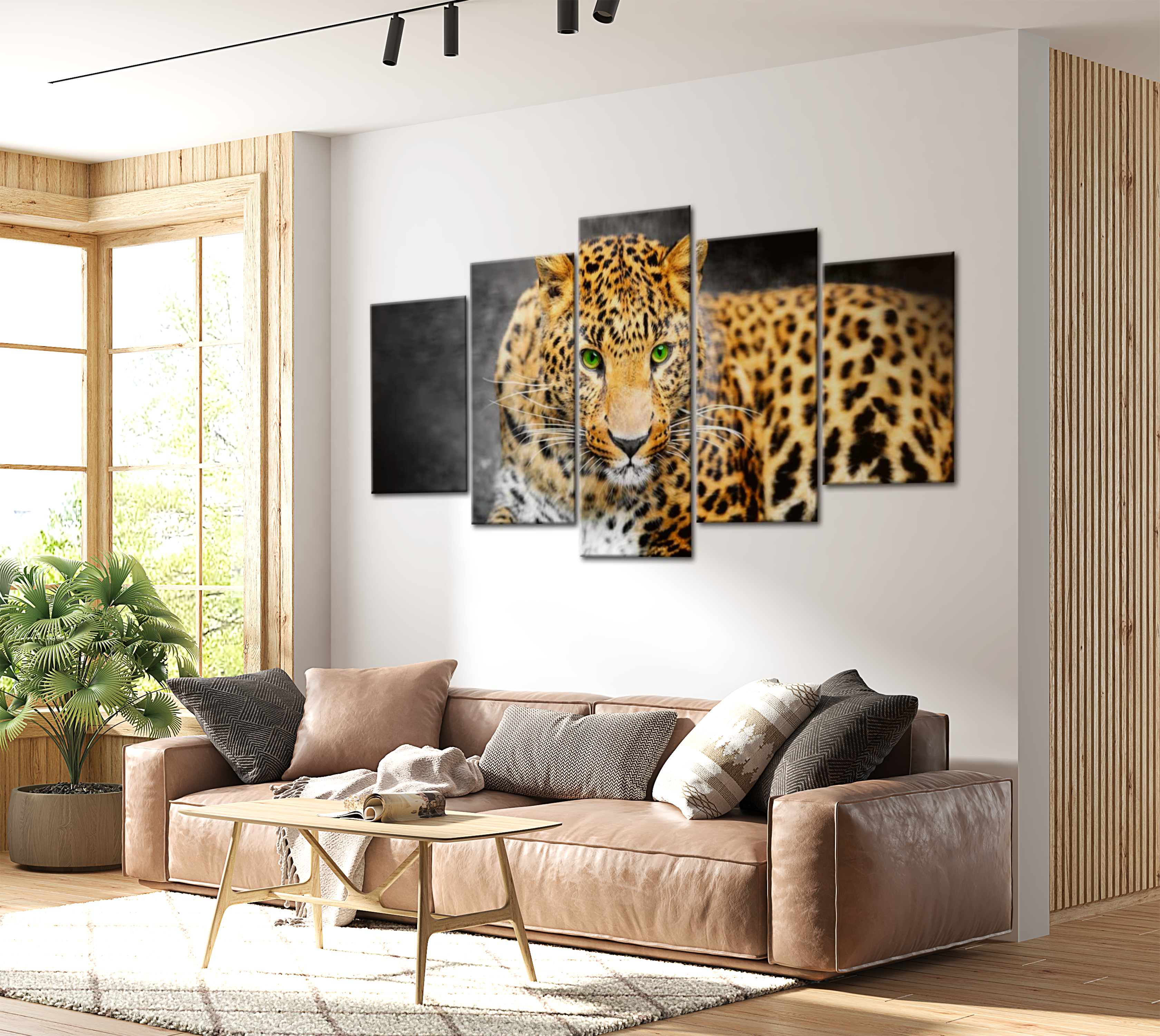 Animal Canvas Wall Art - Green Eyed Leopard - 5 Pieces