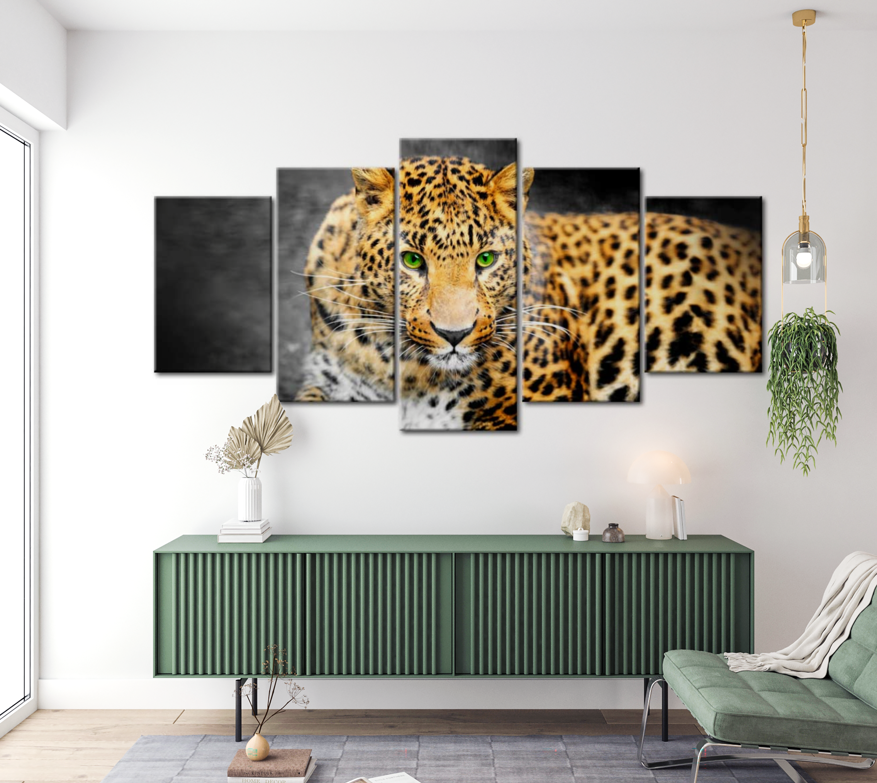 Animal Canvas Wall Art - Green Eyed Leopard - 5 Pieces