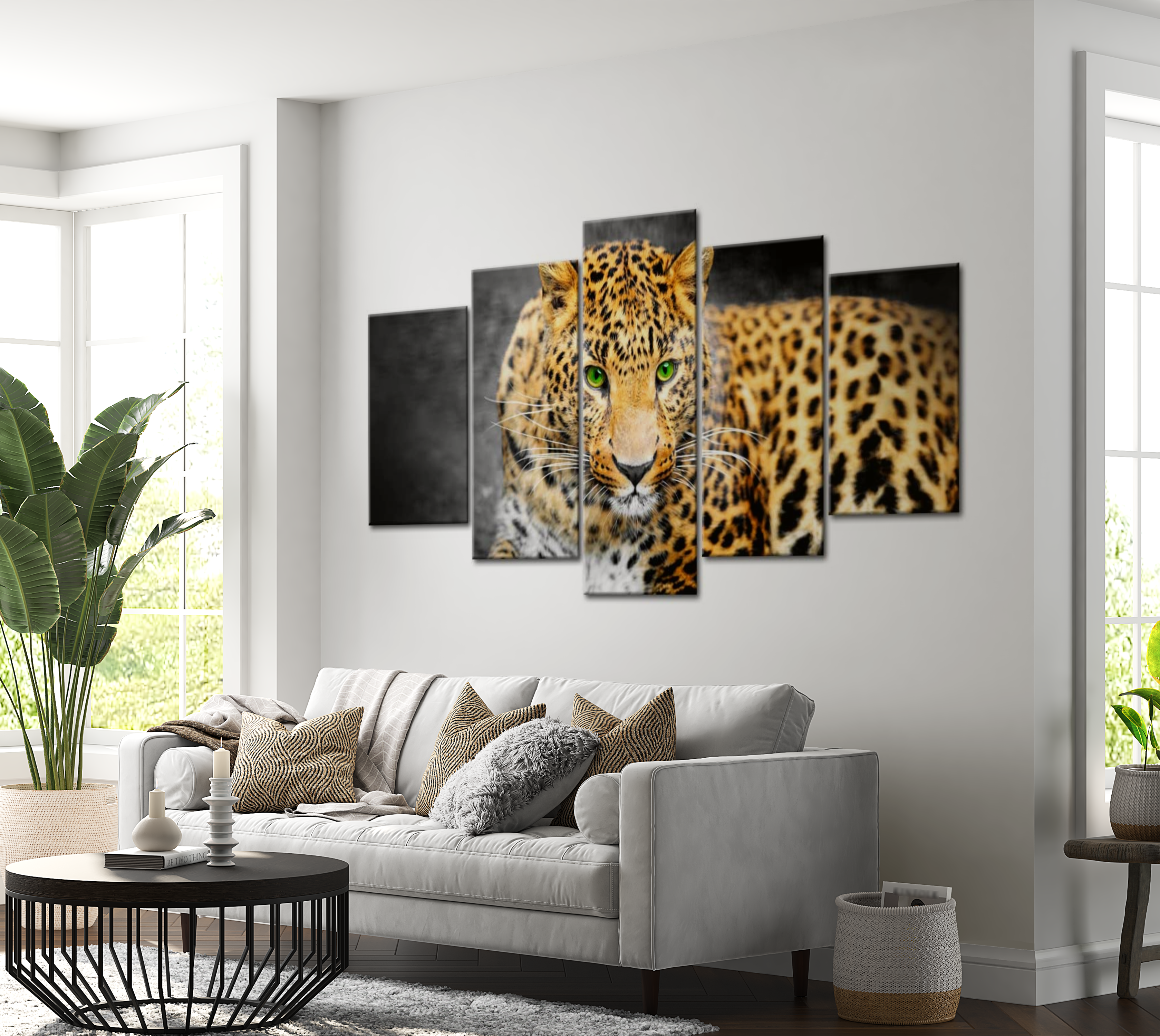 Animal Canvas Wall Art - Green Eyed Leopard - 5 Pieces