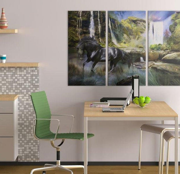 Stretched Canvas Animal Art - Horse On The Sky-Blue Waterfall Background