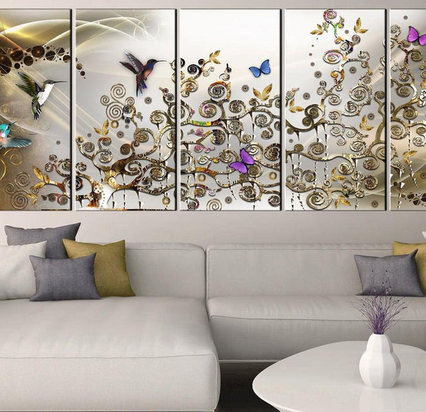 Stretched Canvas Animal Art - Hummingbirds Dance Gold Narrow