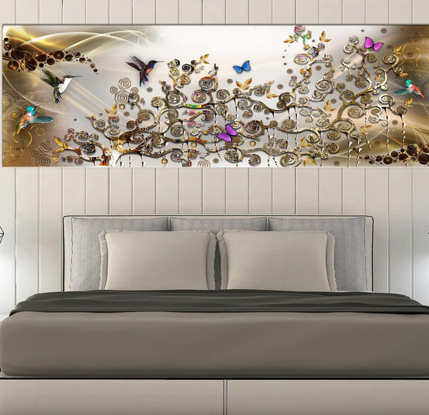 Stretched Canvas Animal Art - Hummingbirds Dance Gold Narrow