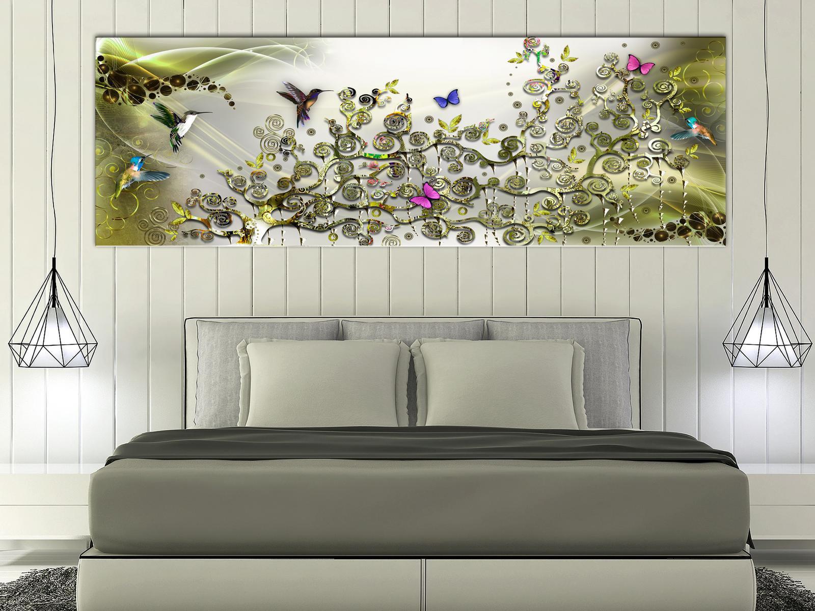 Stretched Canvas Animal Art - Hummingbirds Dance Green Narrow