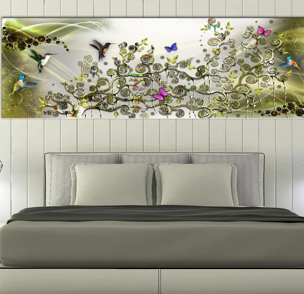 Stretched Canvas Animal Art - Hummingbirds Dance Green Narrow