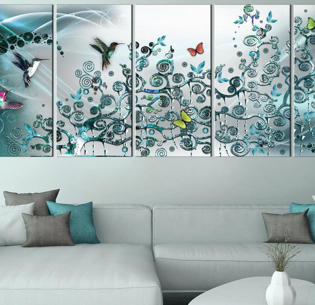 Stretched Canvas Animal Art - Hummingbirds Dance Turquoise Narrow