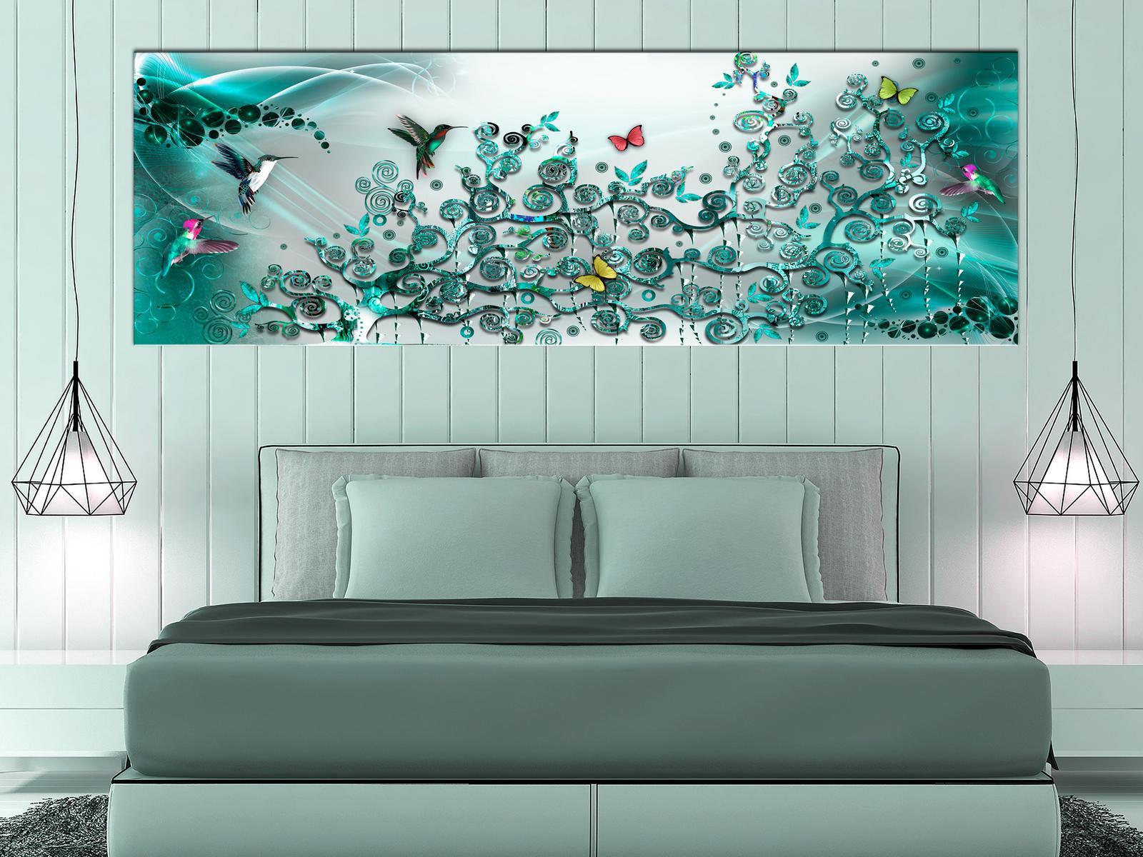 Stretched Canvas Animal Art - Hummingbirds Dance Turquoise Narrow