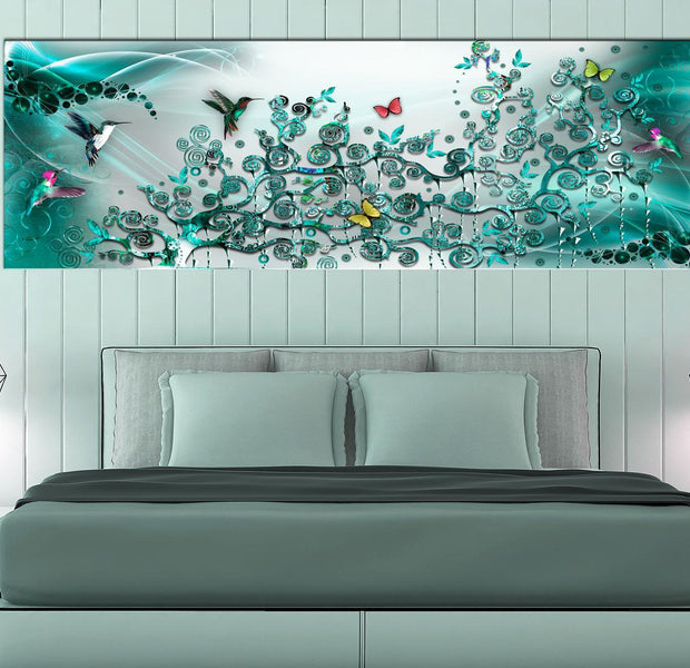 Stretched Canvas Animal Art - Hummingbirds Dance Turquoise Narrow
