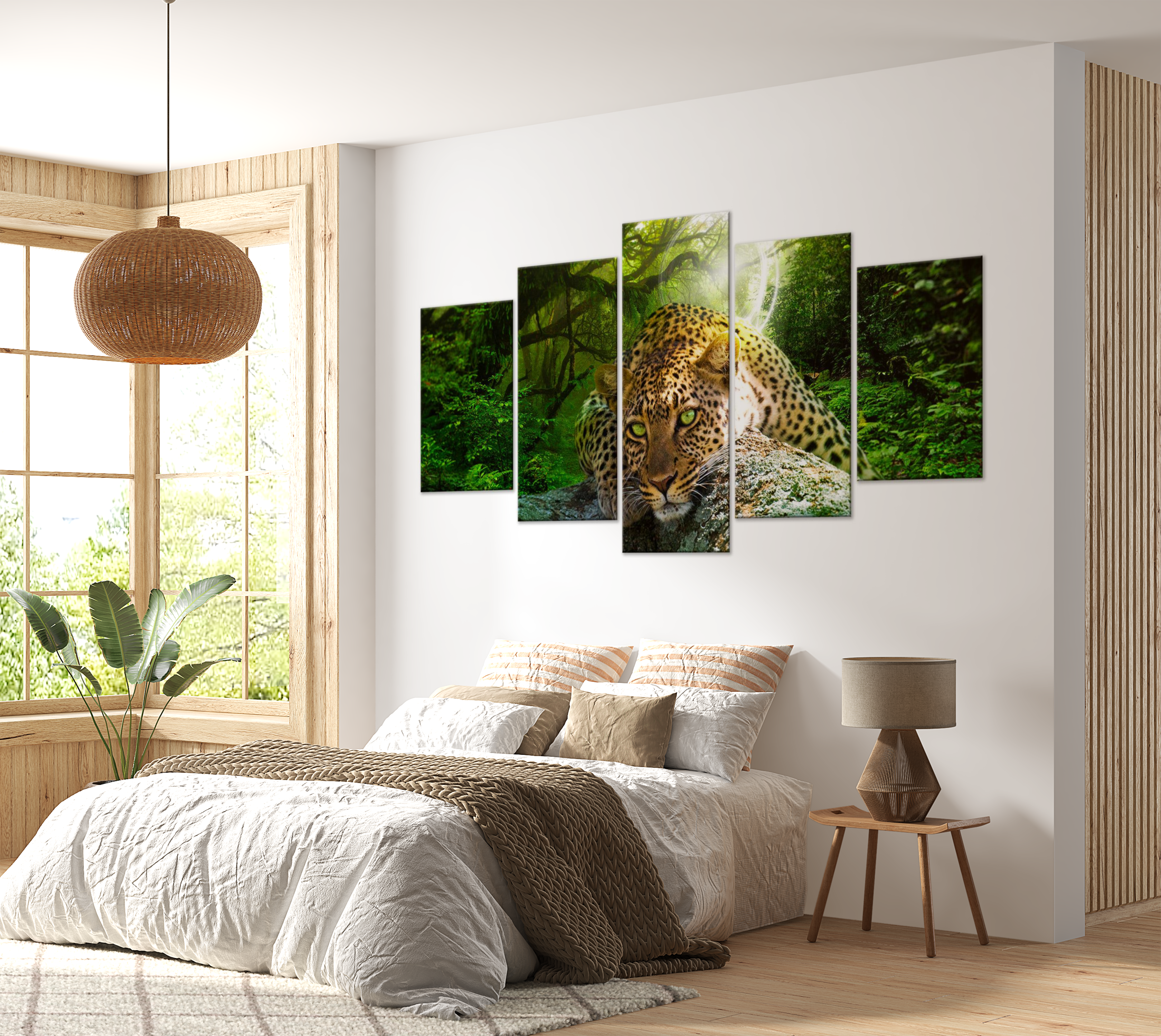 Animal Canvas Wall Art - Leopard Lying Green - 5 Pieces