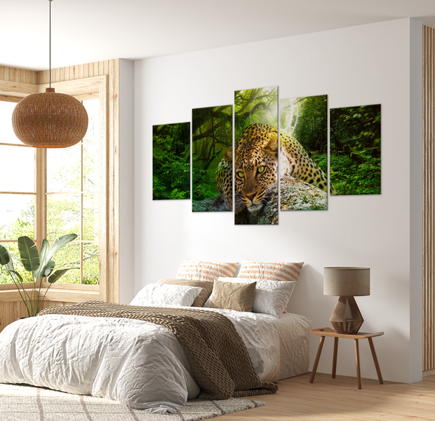 Animal Canvas Wall Art - Leopard Lying Green - 5 Pieces