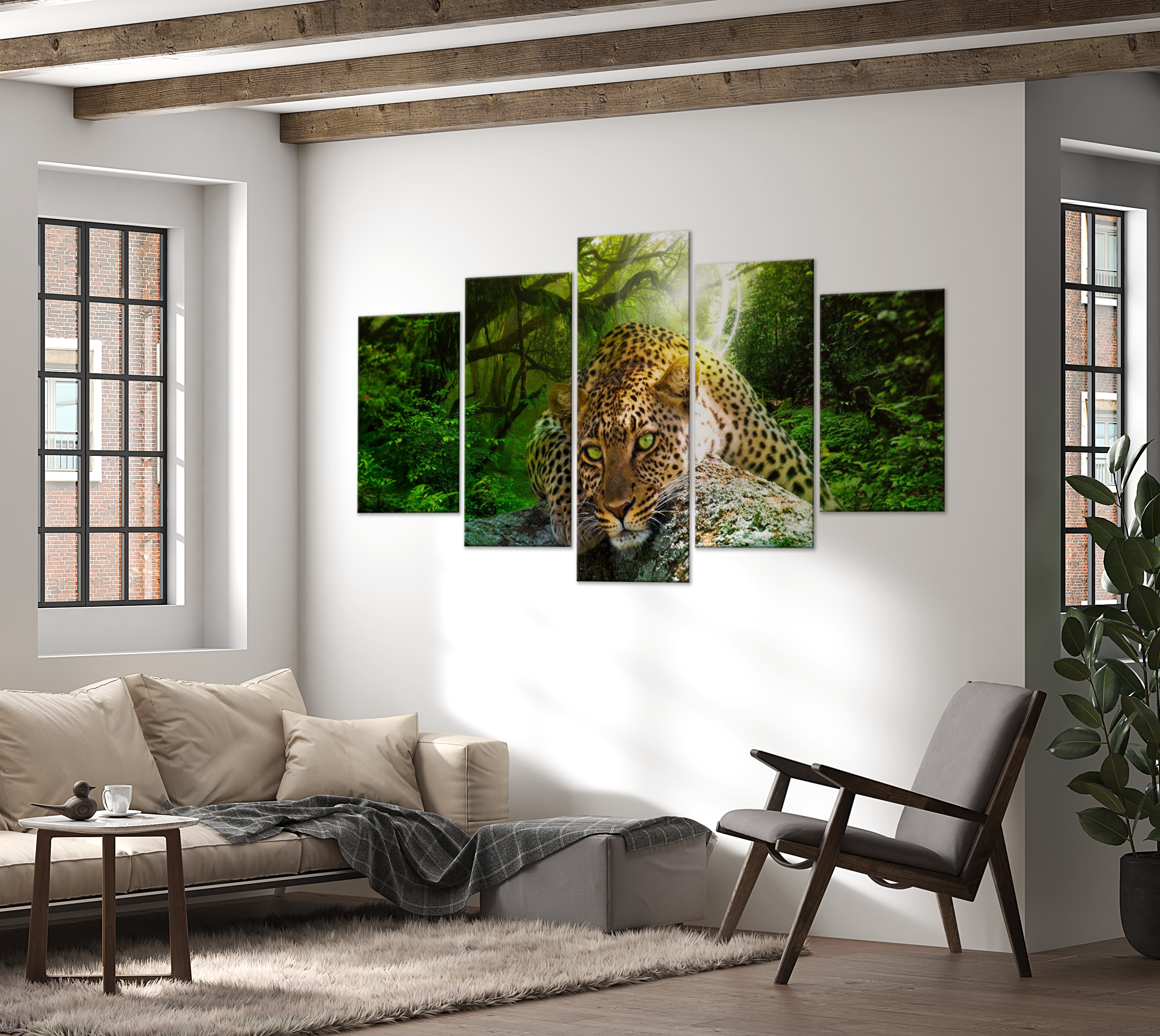 Stretched Canvas Animal Art - Leopard Lying Green 40"Wx20"H