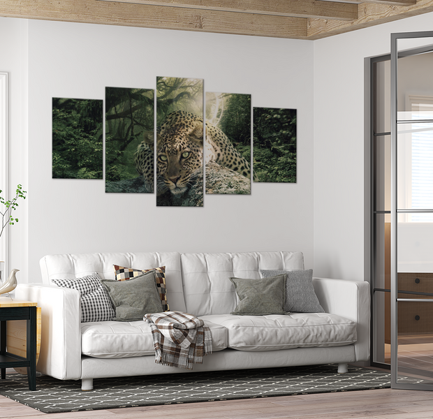 Animal Canvas Wall Art - Leopard Lying Pale Green - 5 Pieces