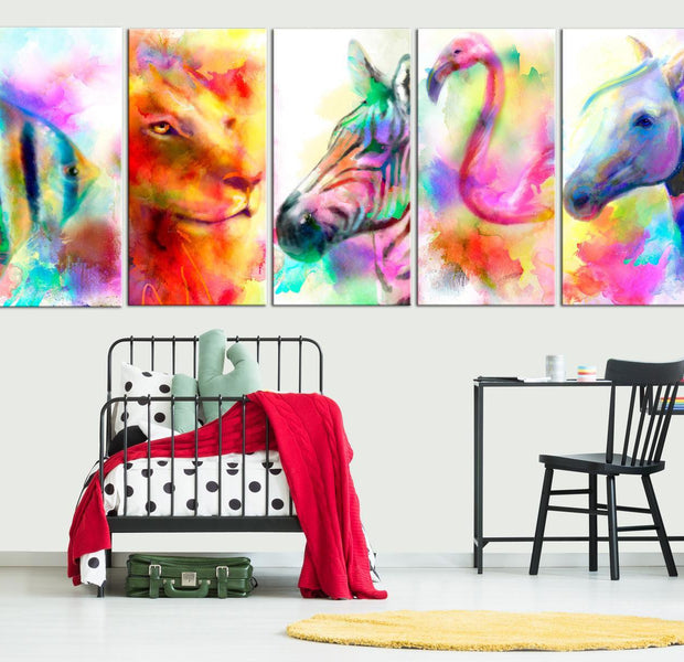 Stretched Canvas Animal Art - Rainbow Watercolours Narrow