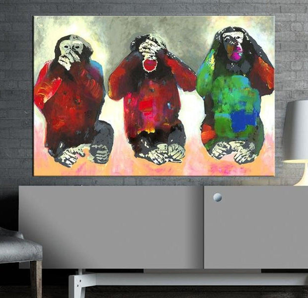 Stretched Canvas Animal Art - Three Wise Monkeys