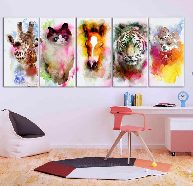 Stretched Canvas Animal Art - Watercolour Animals Narrow