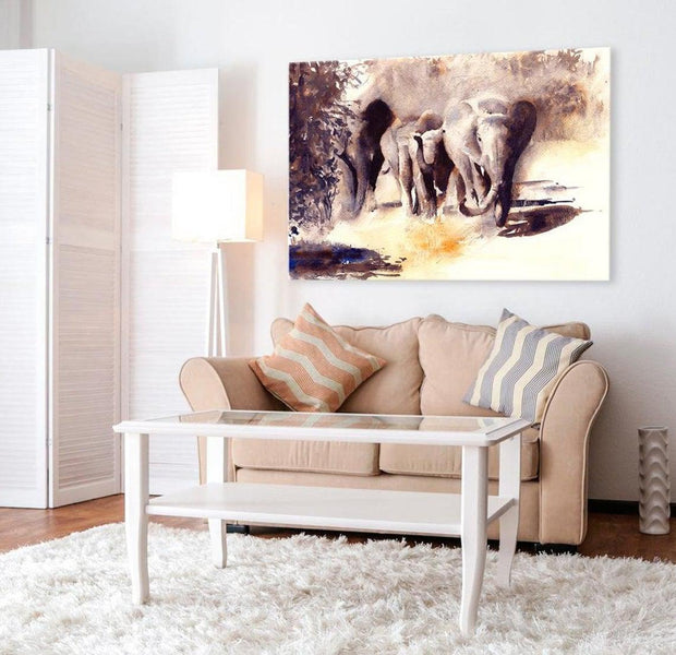Stretched Canvas Animal Art - Watercolour Elephants