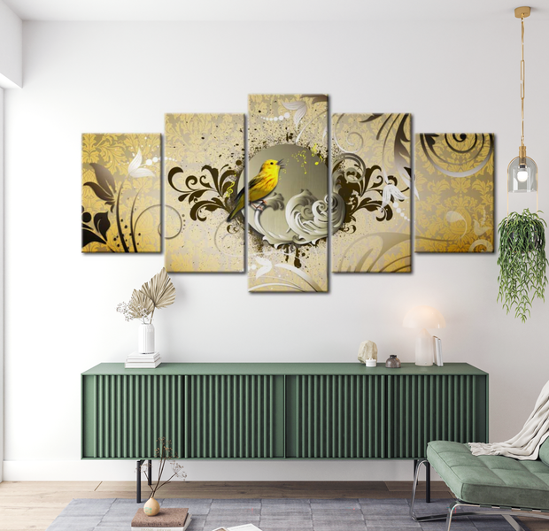 Animal Canvas Wall Art - Yellow Bird Singing - 5 Pieces