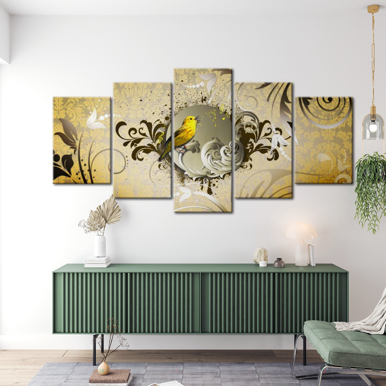Animal Canvas Wall Art - Yellow Bird Singing - 5 Pieces