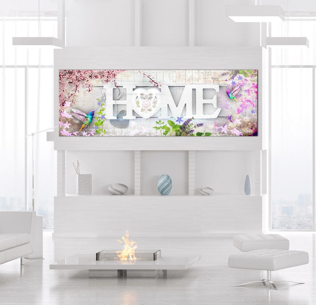 Stretched Canvas Floral Art - Home And Hummingbirds Pink Narrow