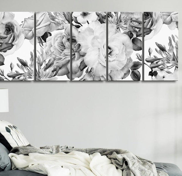 Stretched Canvas Floral Art - Rose Composition Narrow Black And White