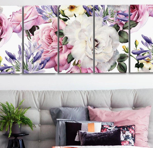 Stretched Canvas Floral Art - Rose Composition Narrow Colourful