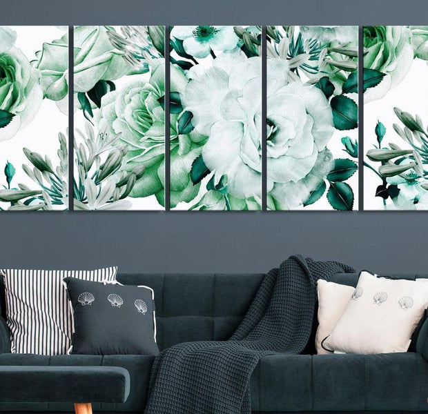 Stretched Canvas Floral Art - Rose Composition Narrow Green