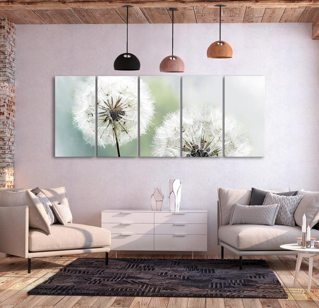 Stretched Canvas Botanical Art - Soft Dandelions 5 Piece