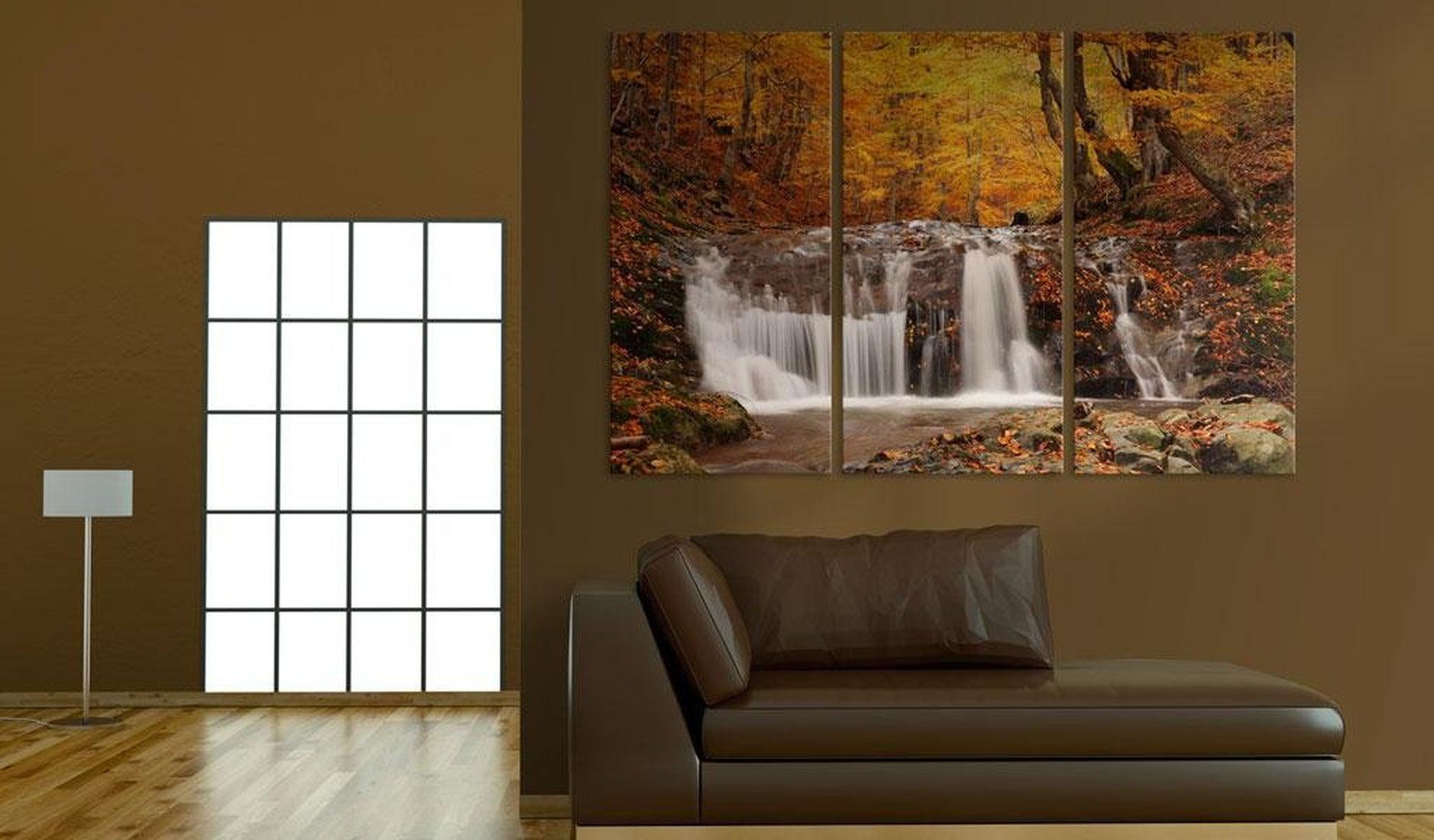 Stretched Canvas Landscape Art - A Waterfall In The Middle Of Fall Trees