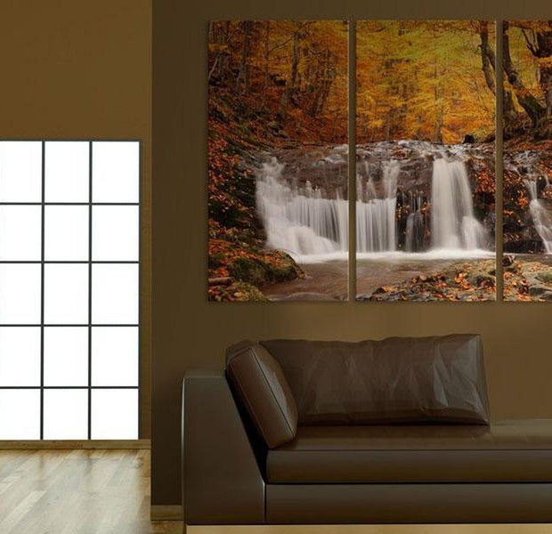 Stretched Canvas Landscape Art - A Waterfall In The Middle Of Fall Trees