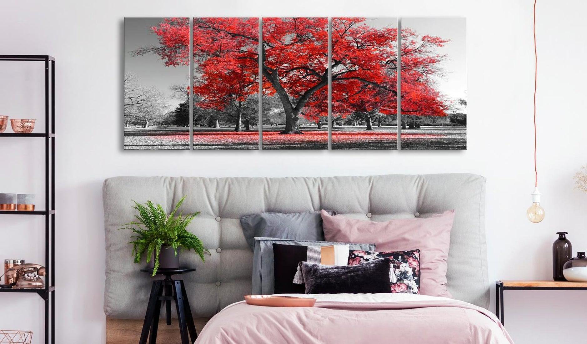 Stretched Canvas Landscape Art - Autumn In The Park Narrow Red